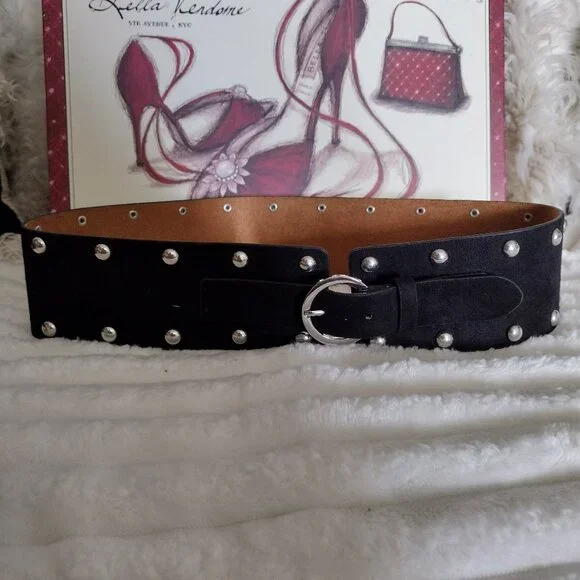 Black Studded Suede-Look Belt Silver Studs Round Buckle Statement Fashion Belt - Picture 2 of 8